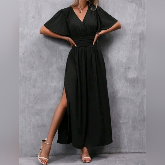 NEW Chic Ruched Waist Flutter Sleeve Maxi Dress Black - Picture 3 of 9